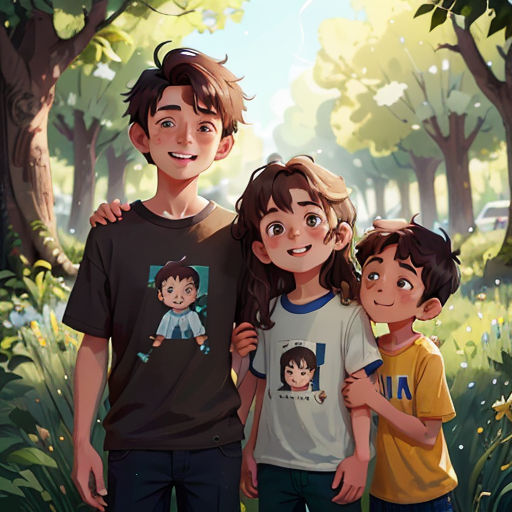 a couple of kids standing next to each other in a forest with trees and flowers behind them and a boy with his arm around the shoulders