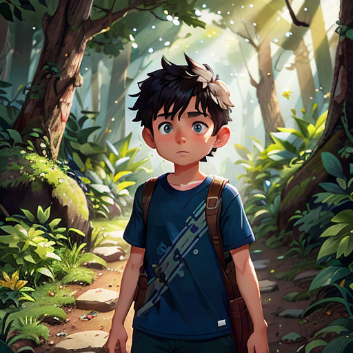 a boy with a backpack is walking through a forest with trees and plants on the ground and a trail