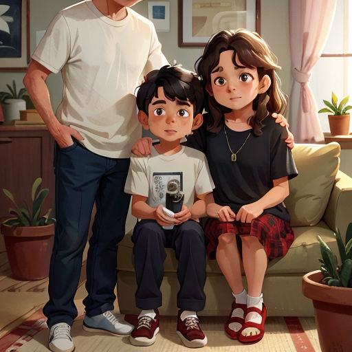 a man and two children sitting on a couch in a living room with a potted plant in the background