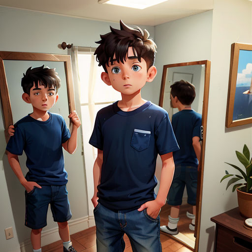 a boy standing in front of a mirror in a room with a plant in it and another boy standing in front of a mirror