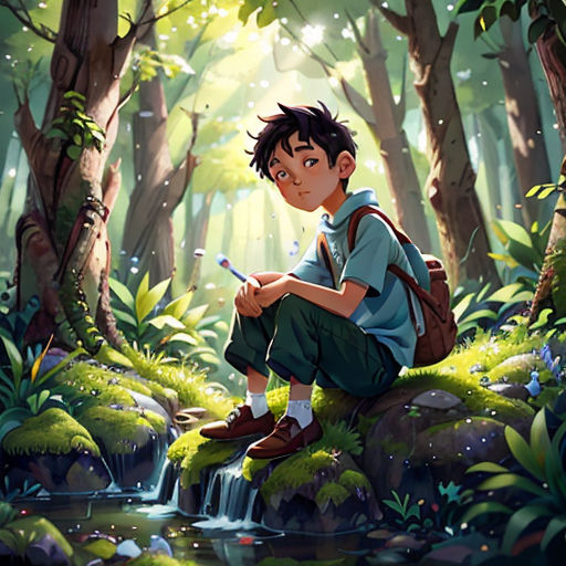 a boy sitting on a rock in the woods looking at a phone in his hand and a stream running through the woods