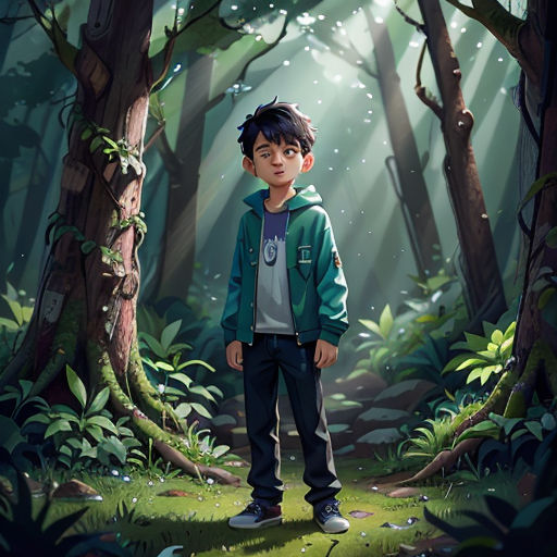 a boy standing in the middle of a forest with a light shining through the trees on his face and a green jacket on