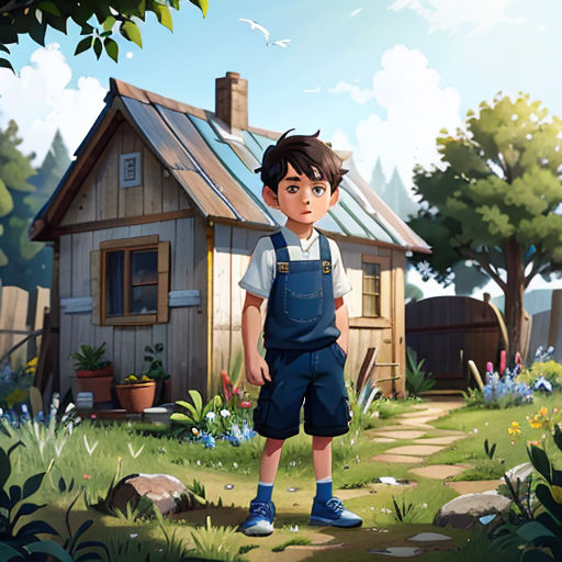 a boy standing in front of a small house in a garden with a bird flying overhead and a bird flying overhead