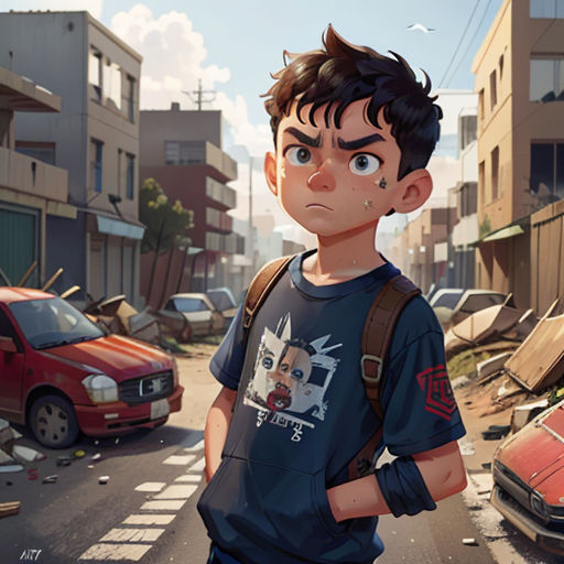 a boy standing in the middle of a street with a backpack on his shoulder and a car parked in the background
