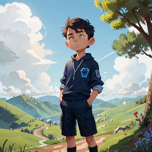 a boy standing on a dirt road in front of a green field and a tree with a blue sky in the background