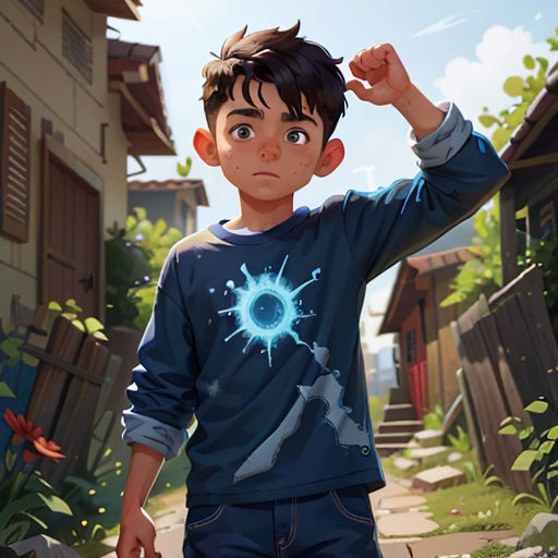 a boy in a blue shirt is standing in a alley way with a blue ball in his hand and a blue ball in his hand
