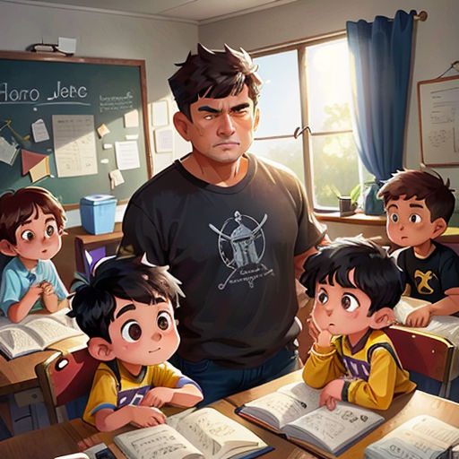 a man standing in front of a classroom full of children with books on the desks and a teacher