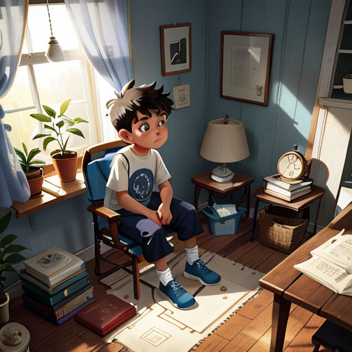 a boy sitting in a chair in a room with a desk and a window in it and a clock on the wall