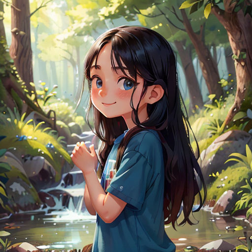a girl standing in front of a stream in the woods with her hands together and looking up at the sky