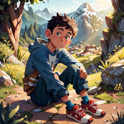 a boy sitting on a rock in the middle of a forest with mountains in the background and a sky with clouds