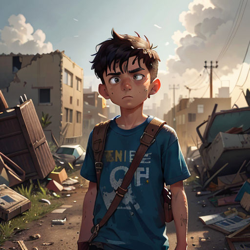 a boy with a backpack standing in a destroyed area with a building in the background and a sky with clouds