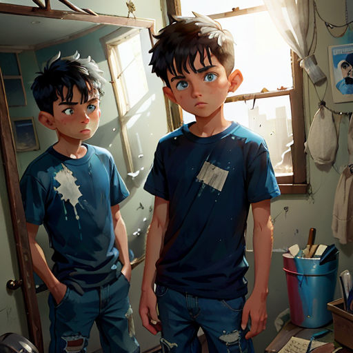 two young boys standing in a messy bathroom with a mirror and a sink in the background, with a messy room with a messy floor