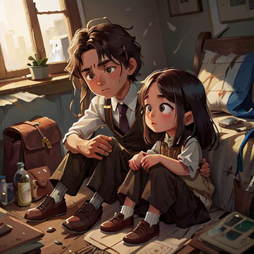 a couple of people sitting on top of a bed next to a suitcase and a bottle of alcohol on a table