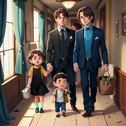 a family of three walking down a hallway together in a house with a blue curtain and a window behind them