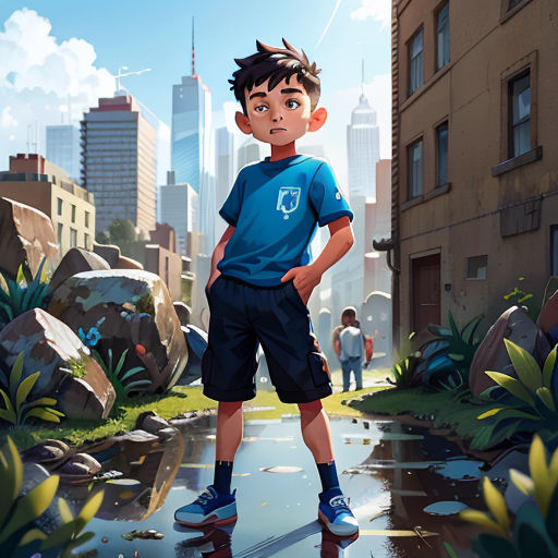 a boy standing in the middle of a puddle in a city with buildings in the background and a person standing on the other side of the puddle