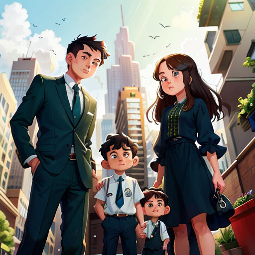 a family of four standing in front of a cityscape with skyscrapers in the background and a man in a suit and tie