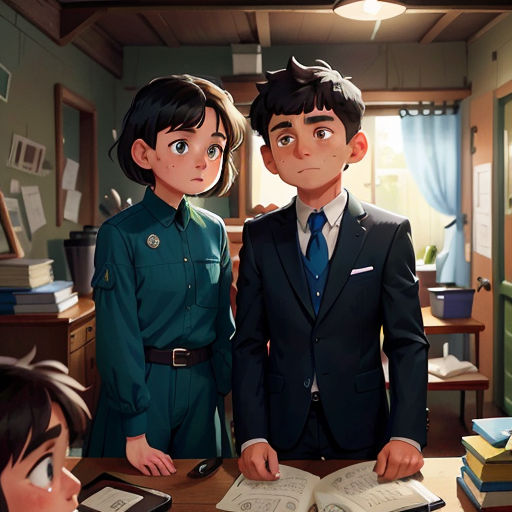 a boy and a girl standing in front of a desk with books and a book case on it, and a boy in a suit and tie