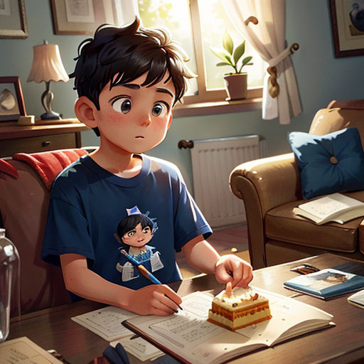 a boy sitting at a table with a piece of cake in front of him and a book in front of him