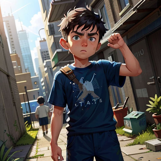 a boy in a blue shirt is walking down a street with a backpack on his shoulder and a building in the background