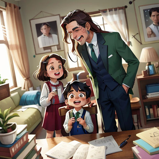 a man and two children standing in front of a table with books and a bookcase on it, with a man in a suit and woman in a dress shirt and tie