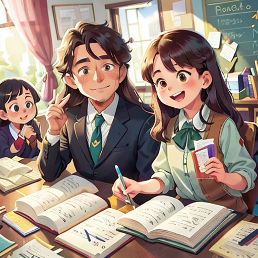 a group of people sitting at a table with books and pencils in front of them and a chalkboard in the background