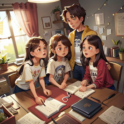 a group of children sitting at a table with books and papers on it, looking at a laptop computer