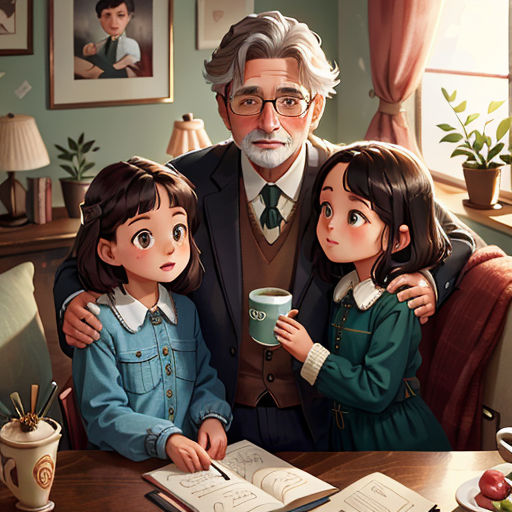 a man and two children sitting at a table with a book and cup of coffee in front of them