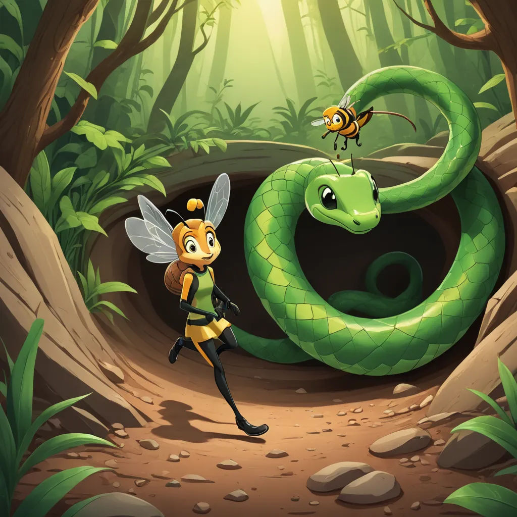 a cartoon of a bee and a green snake in a forest with a bee on its back and a bee on its head, cobra, a storybook illustration, Cliff Childs, promotional image