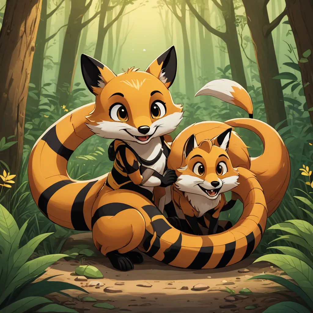 a couple of foxes sitting on top of a tiger in a forest next to a forest floor with trees, furry art, concept art, Cliff Childs, official art