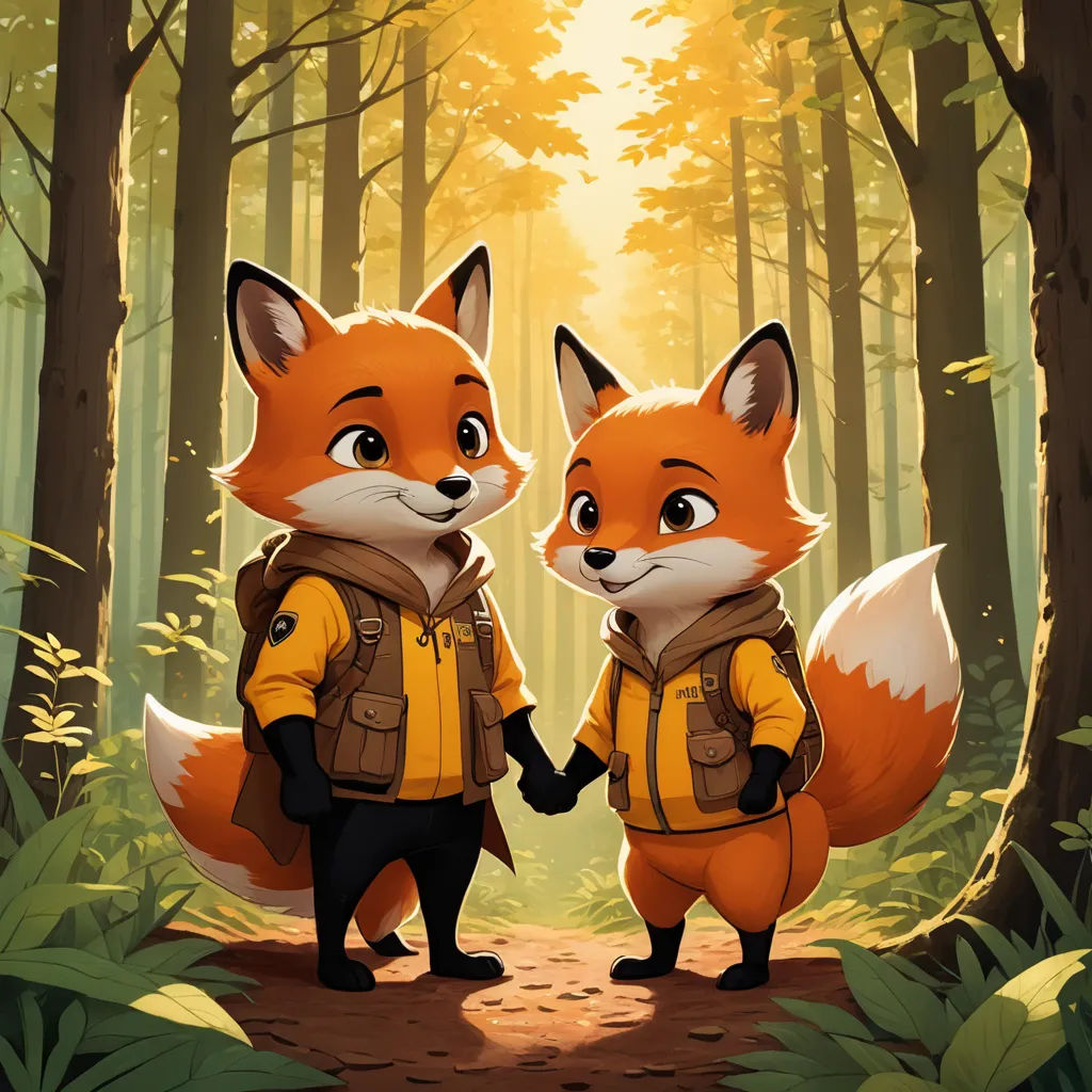 two foxes in the woods holding hands and walking towards the camera with a forest background behind them, with sunlight coming through the trees, furry art, a painting, Felix-Kelly, official art