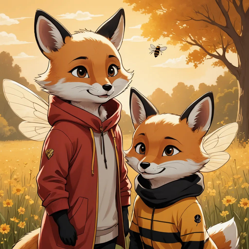 a couple of foxes standing next to each other in a field of flowers and trees with a bee flying overhead, furry art, a painting, Aaron Jasinski, official art