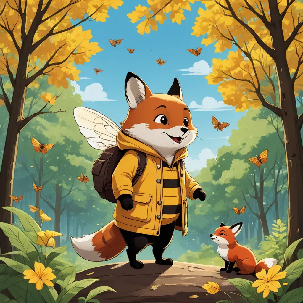 a fox and a fox cub are walking through a forest with yellow leaves and butterflies on the trees and a blue sky, furry art, a storybook illustration, Cliff Childs, official art
