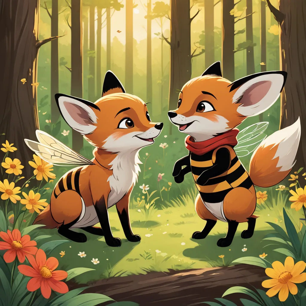 two foxes in a forest with flowers and trees in the background, one is looking at the other one, furry art, a storybook illustration, Bálint Kiss, official art