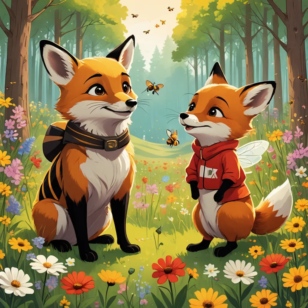 a couple of foxes standing next to each other in a forest filled with flowers and a bee flying by, furry art, a storybook illustration, Aaron Jasinski, official art