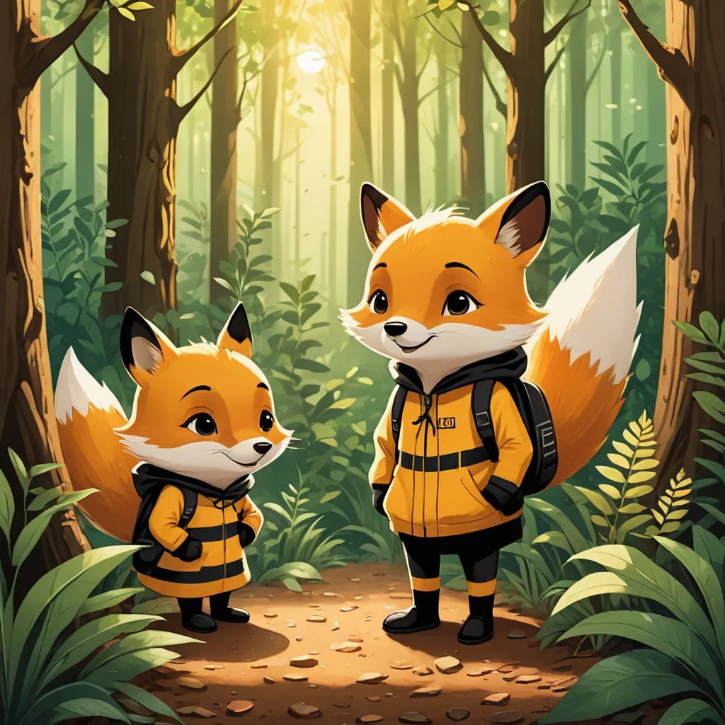 a couple of foxes standing in the middle of a forest next to each other on a dirt road near a forest, sots art, a storybook illustration, Cliff Childs, official art