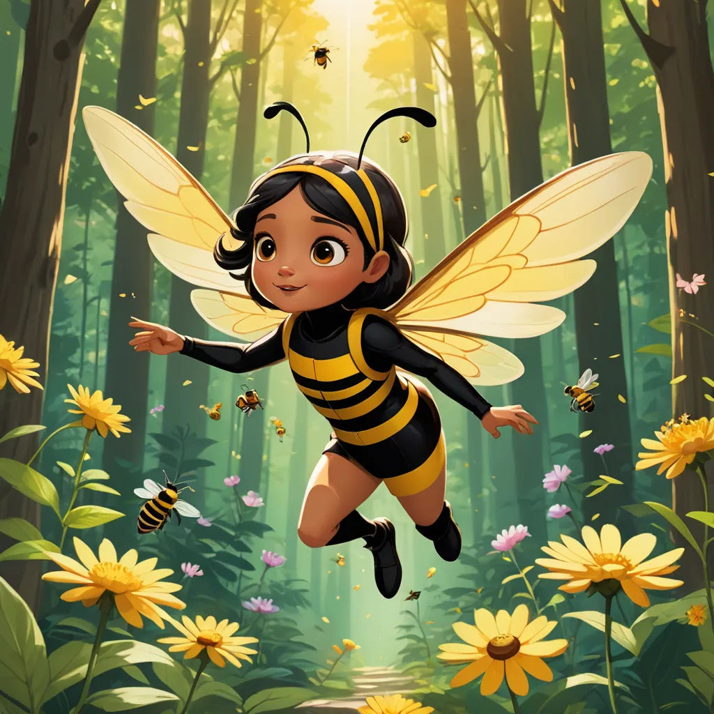 a cartoon character flying through a forest with a bee on her back and a sunbeam in the background, furry art, concept art, Aaron Jasinski, official art