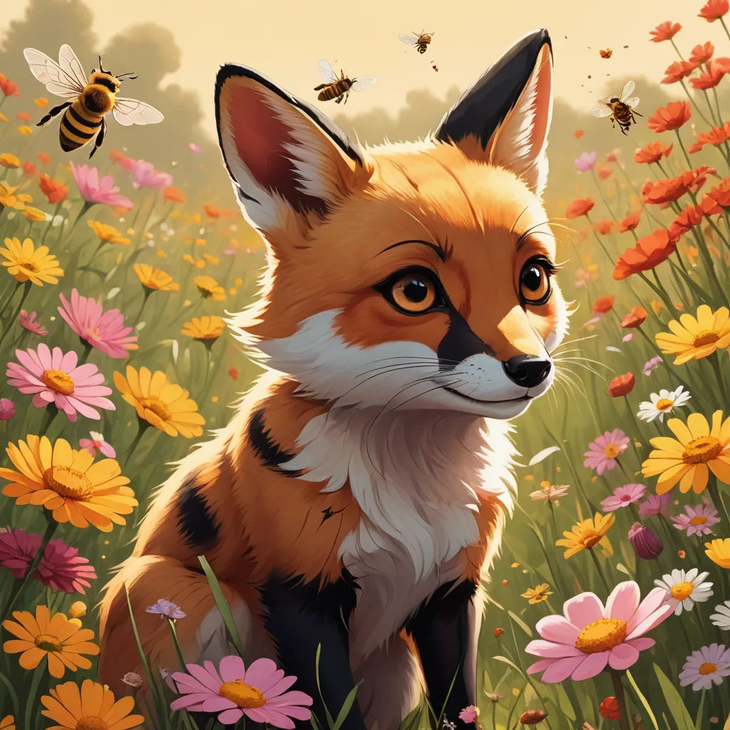 a painting of a fox and bees in a field of flowers and daisies with a sky background and a yellow sky, furry art, a digital painting, Aaron Jasinski, trending on art station