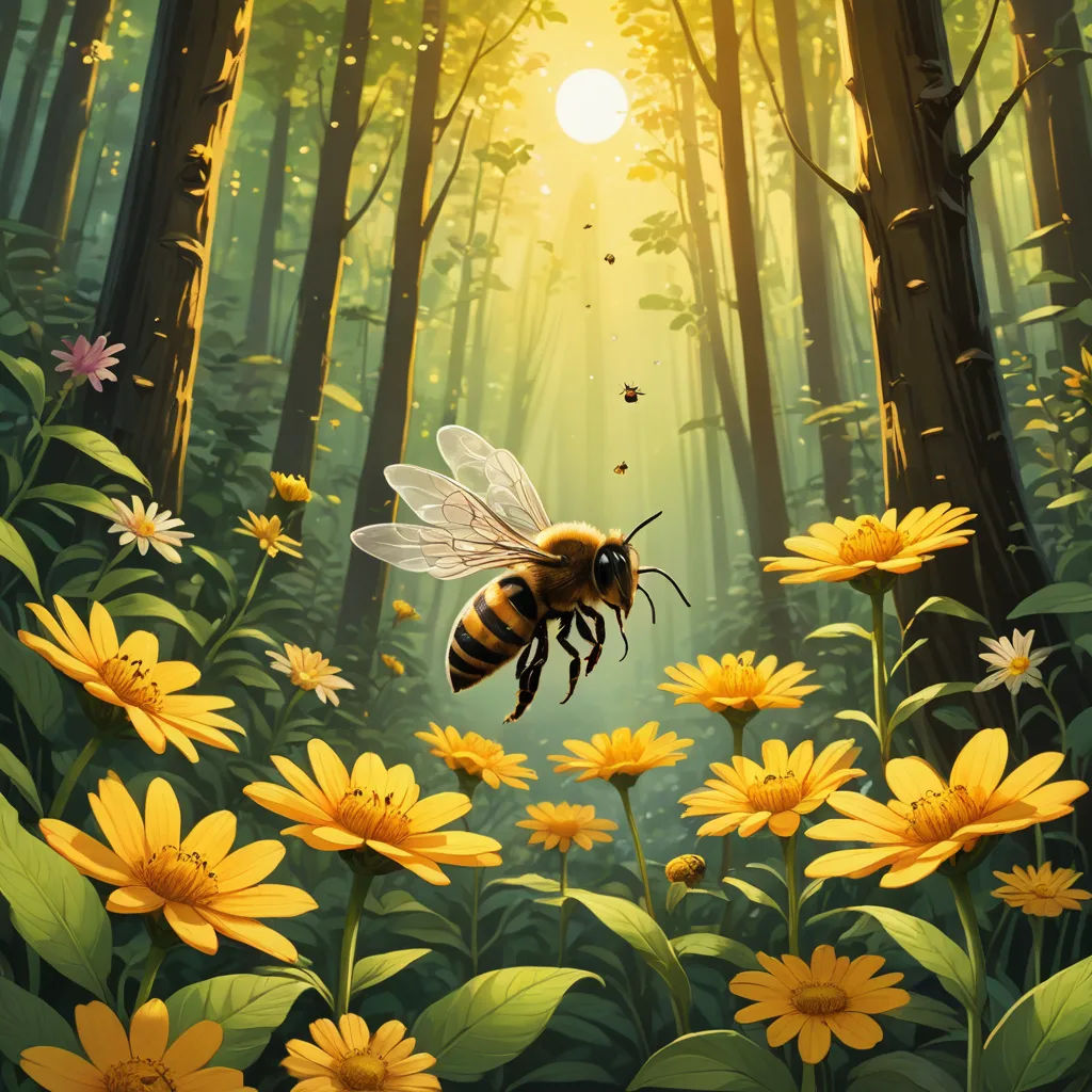 a bee flying over a forest filled with yellow flowers and a sun shining through the trees behind it,, fantasy art, a storybook illustration, Cyril Rolando, trending on art station