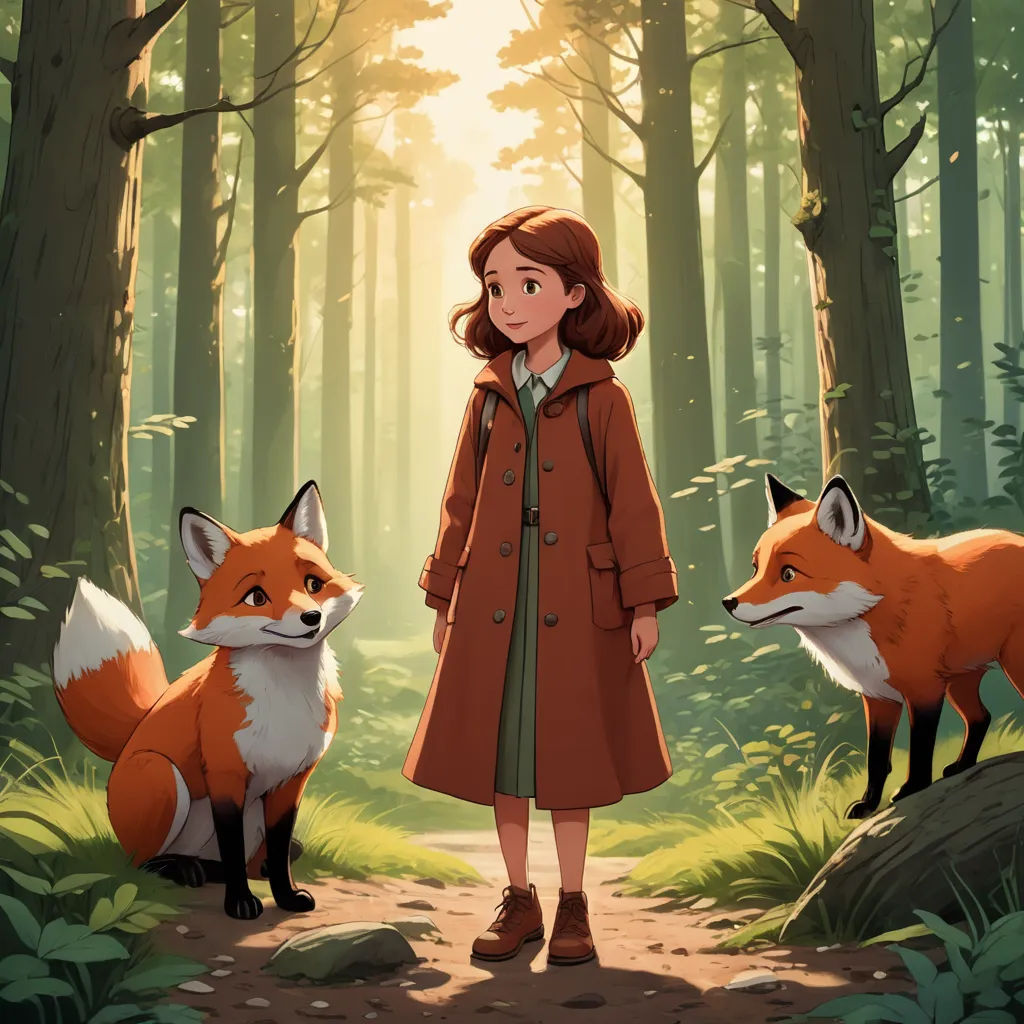 a woman in a red coat standing next to two foxes in a forest with sunlight shining through the trees, furry art, a storybook illustration, Clarice Beckett, official art