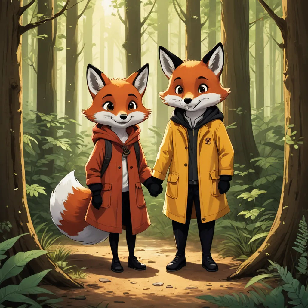 a couple of foxes standing next to each other in a forest with trees and leaves on the ground and one of them is holding hands, furry art, a storybook illustration, Colin Middleton, official art