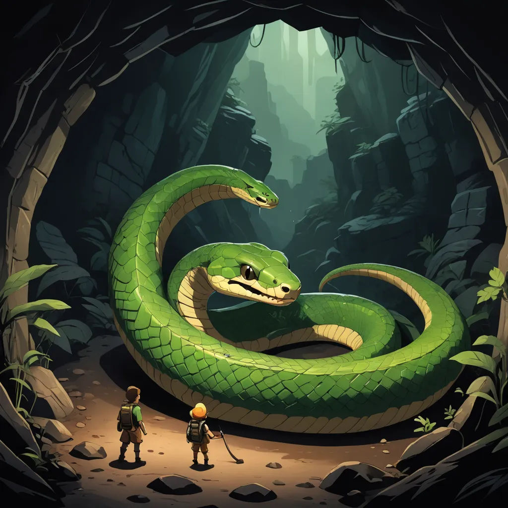 a green snake is in a cave with two people standing next to it and a man is standing next to it, cobra, a storybook illustration, Andreas Rocha, 2 d game art