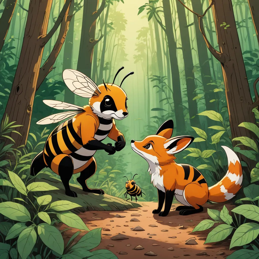 a couple of animals that are in the woods together on a path with leaves and a bee on the ground, furry art, a storybook illustration, Aaron Jasinski, promotional image