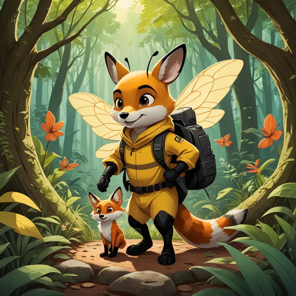 a cartoon character with a backpack and a fox in the woods with butterflies around him, with a forest background, furry art, a storybook illustration, Cliff Childs, promotional image