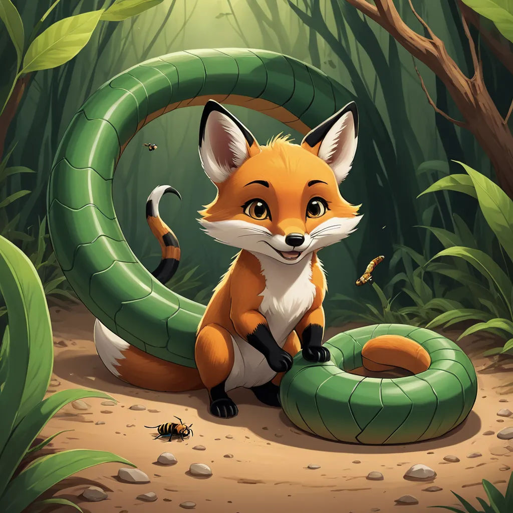 a fox sitting in the middle of a forest with a snake around it's neck and a bug crawling on the ground, cobra, a storybook illustration, Adam Rex, official art