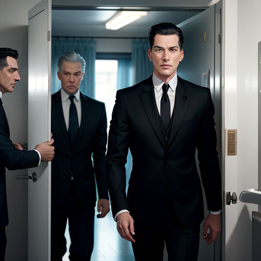two men in suits are standing in a hallway and one is looking at the camera and the other is looking at the door