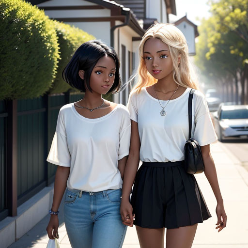 two young women walking down a sidewalk holding hands and looking at the camera with a smile on their faces