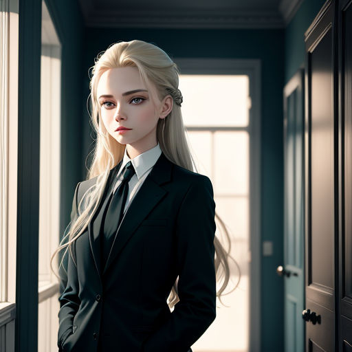 a woman in a suit and tie standing in a hallway with a door open to another room and a window