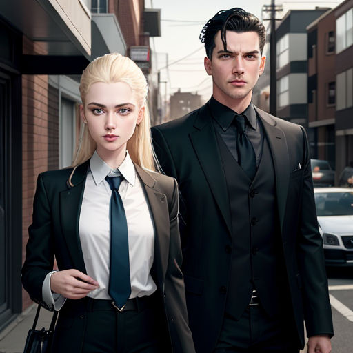 a man and a woman dressed in business attire walking down a street together, both dressed in black and white