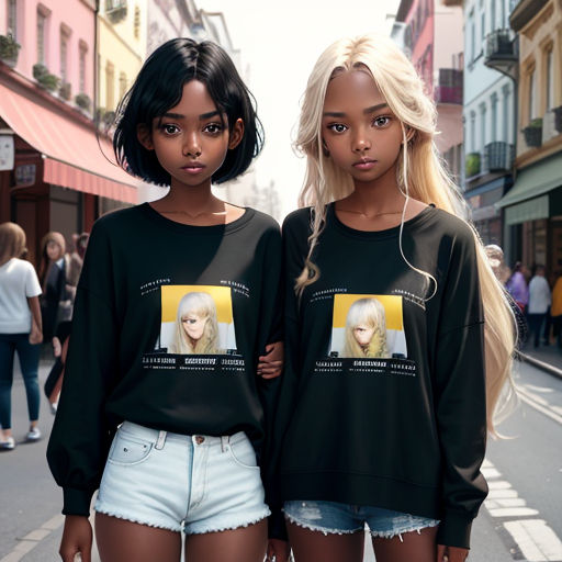 two girls standing next to each other on a street with buildings in the background and people walking on the sidewalk