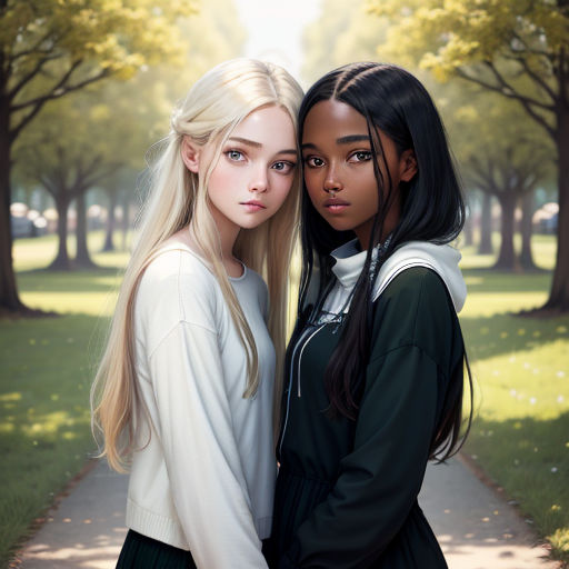 two girls standing next to each other in a park with trees in the background and grass in the foreground